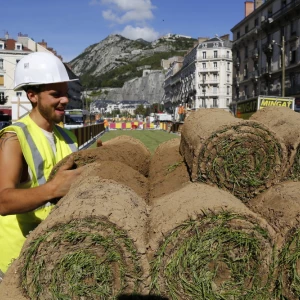Élagueur 17 réalisant une sculpture végétale artistique pour apporter une touche créative aux espaces verts.